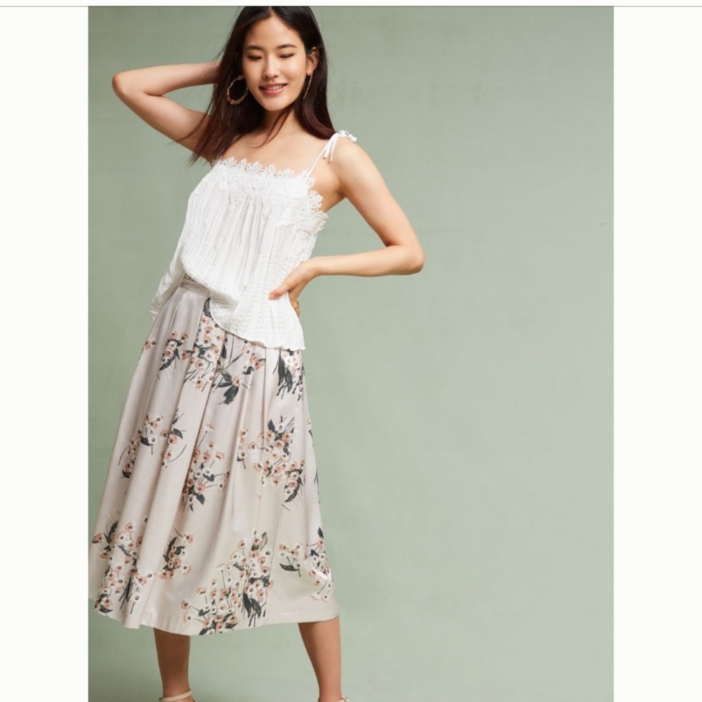 Anthropologie Floral Midi Skirt in Light Beige and Blush